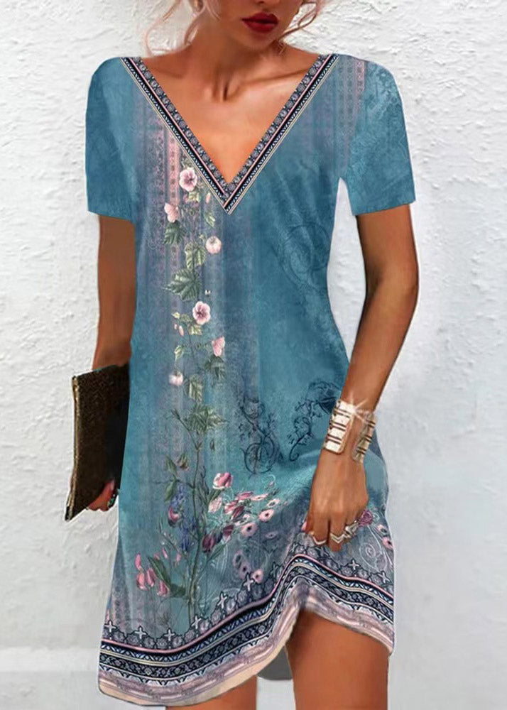 Red V Neck Embroideried Mid Dress Summer