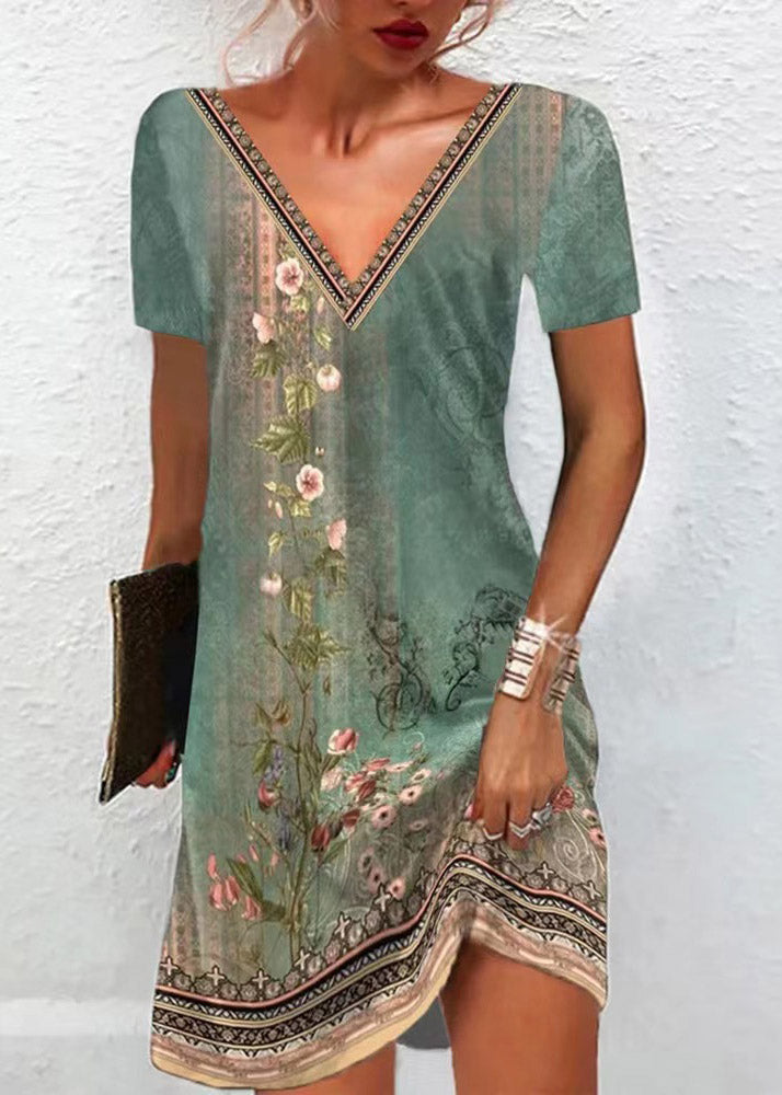 Red V Neck Embroideried Mid Dress Summer