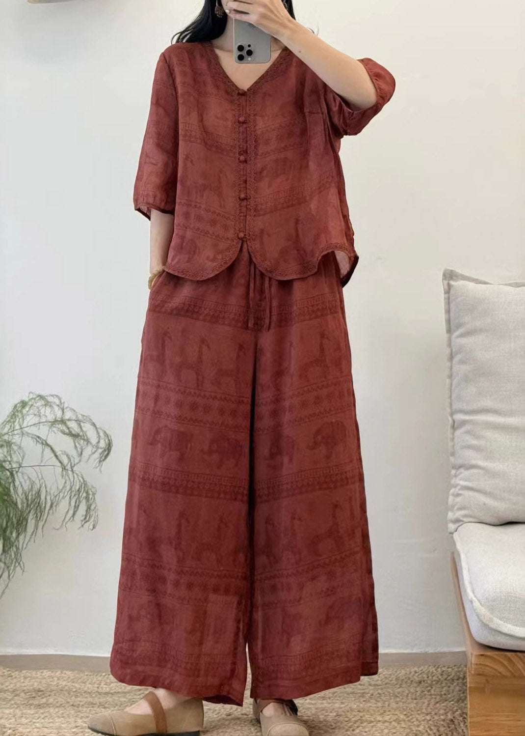 Red V Neck Patchwork Linen Shirt and Wide Leg Pants Two Pieces Set Summer