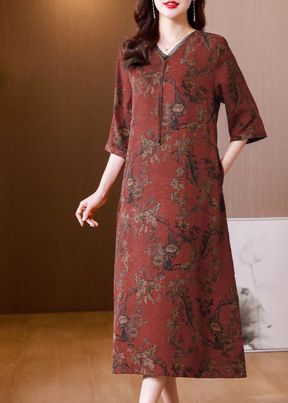 Red V Neck Patchwork Silk Cinch Dress Bracelet Sleeve