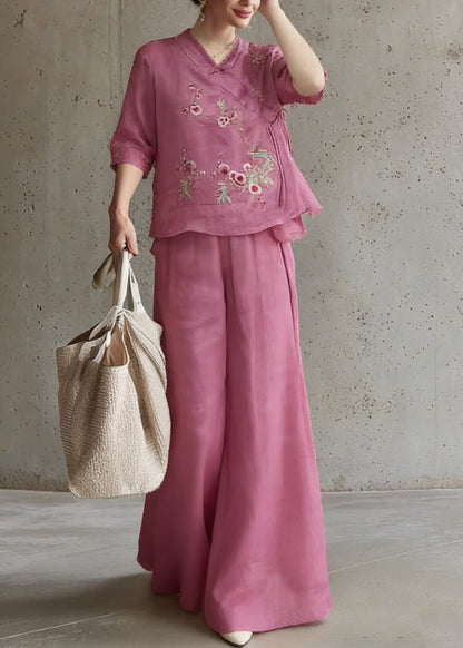 Rose Embroidered Tie Waist Top and Wide Leg Pants Two Pieces Set Half Sleeve