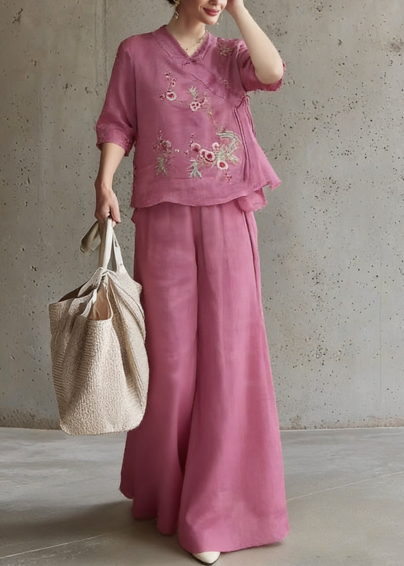 Rose Embroidered Tie Waist Top and Wide Leg Pants Two Pieces Set Half Sleeve