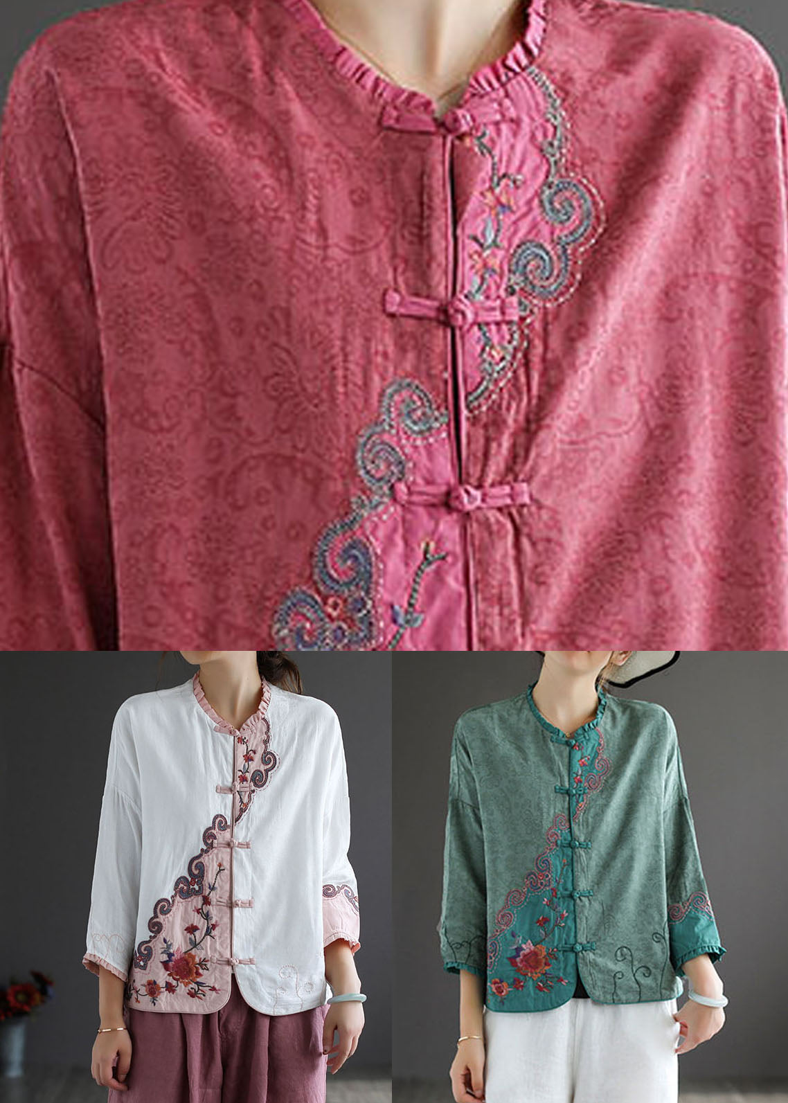 Rose Embroideried Chinese Button Patchwork Cotton Top Spring