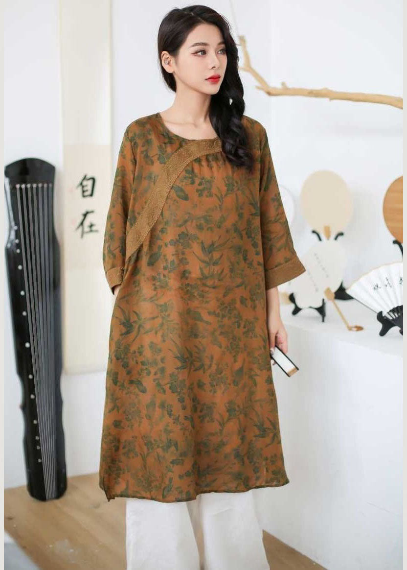 Rose Embroideried Print Patchwork Linen Mid Dress Spring