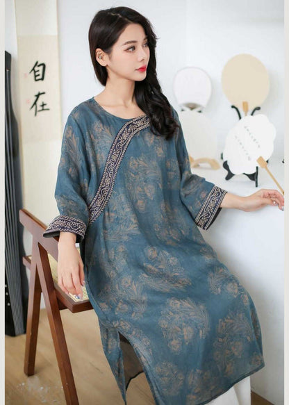 Rose Embroideried Print Patchwork Linen Mid Dress Spring