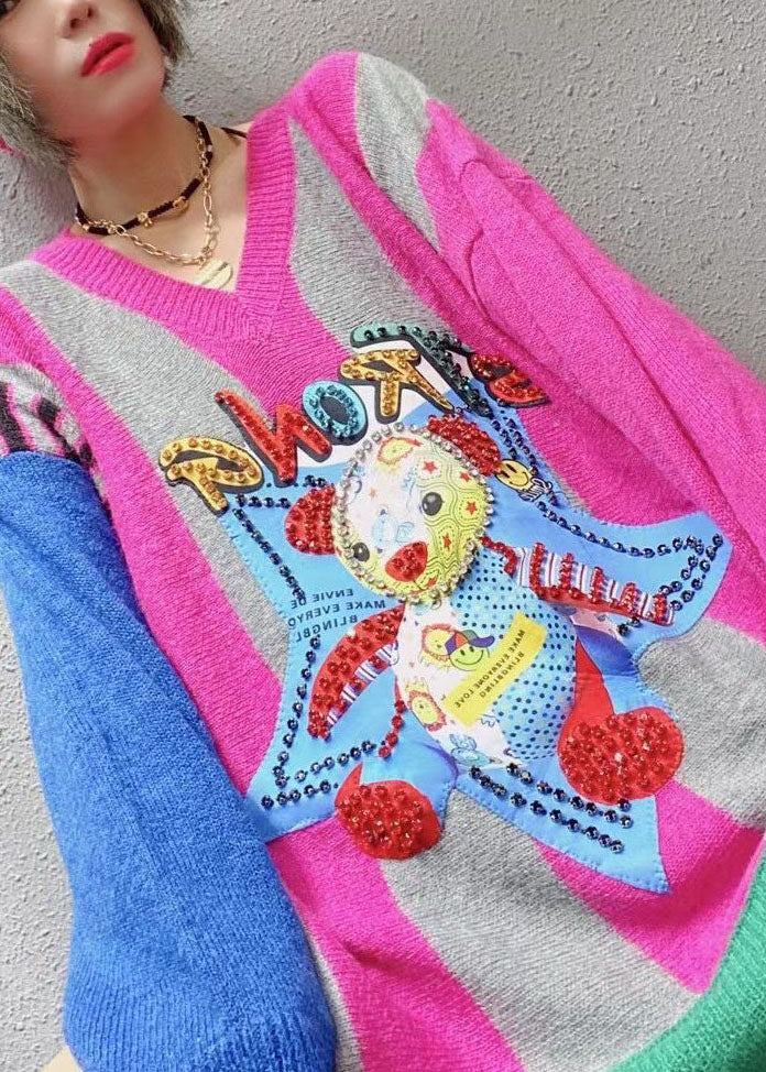 Rose Loose V Neck Print Fall Character Knitwear Coat
