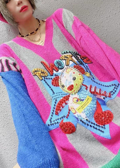 Rose Loose V Neck Print Fall Character Knitwear Coat