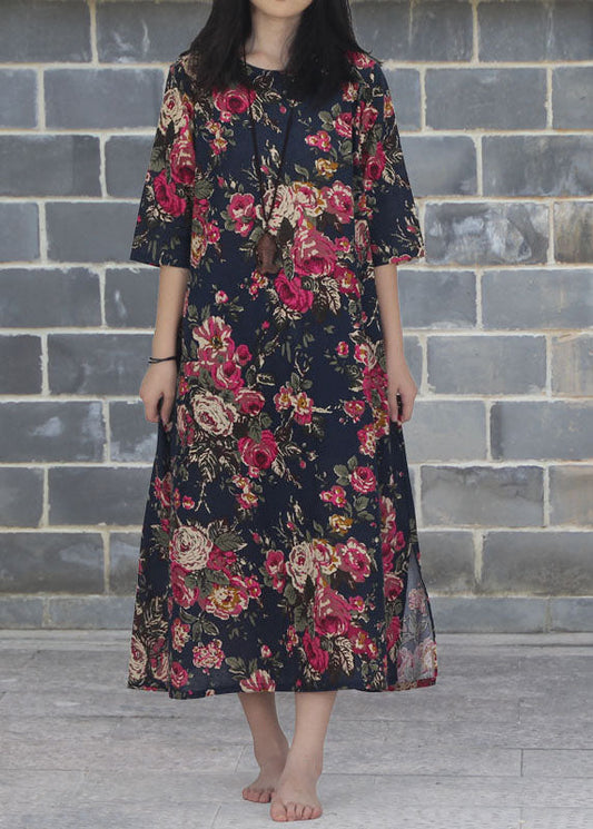 Rose O Neck Print Patchwork Cotton Dresses Summer