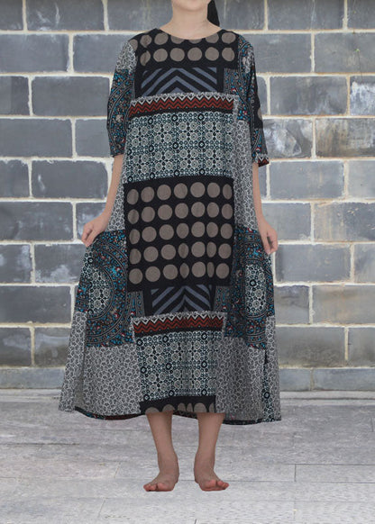 Rose O Neck Print Patchwork Cotton Dresses Summer