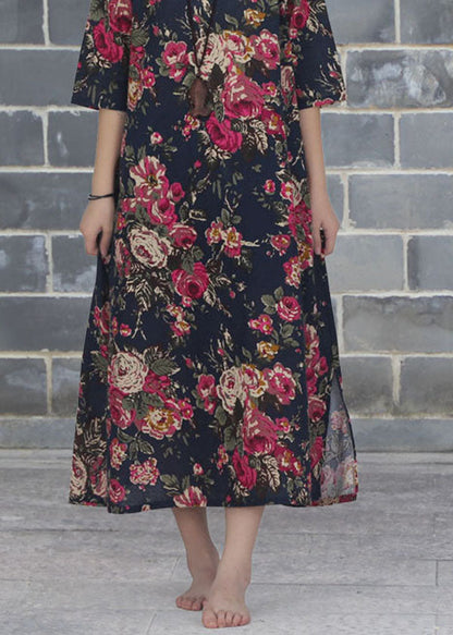 Rose O Neck Print Patchwork Cotton Dresses Summer