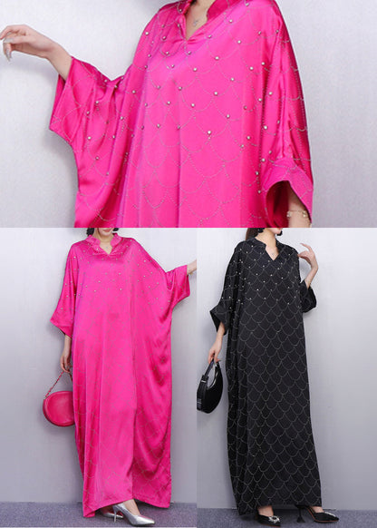 Rose Print Rhinestone Silk Vacation Dresses Batwing Sleeve