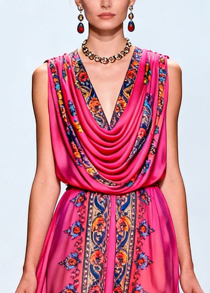 Rose Turtle Neck Print Chiffon Party Dress Sleeveless