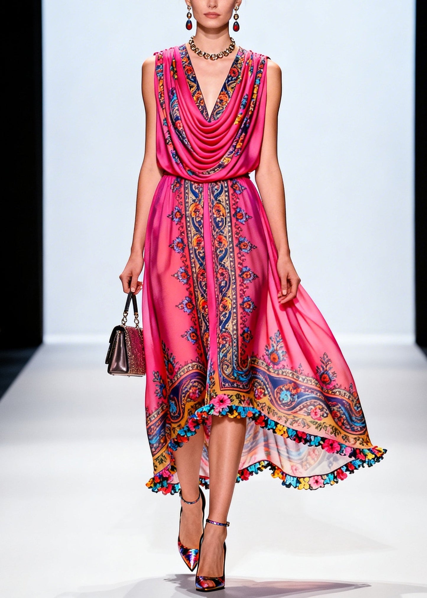 Rose Turtle Neck Print Chiffon Party Dress Sleeveless