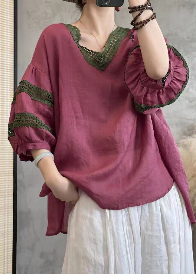 Rose V Neck Hollow Out Lace Patchwork Linen Tops Lantern Sleeve