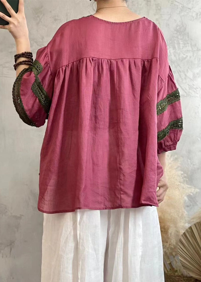 Rose V Neck Hollow Out Lace Patchwork Linen Tops Lantern Sleeve
