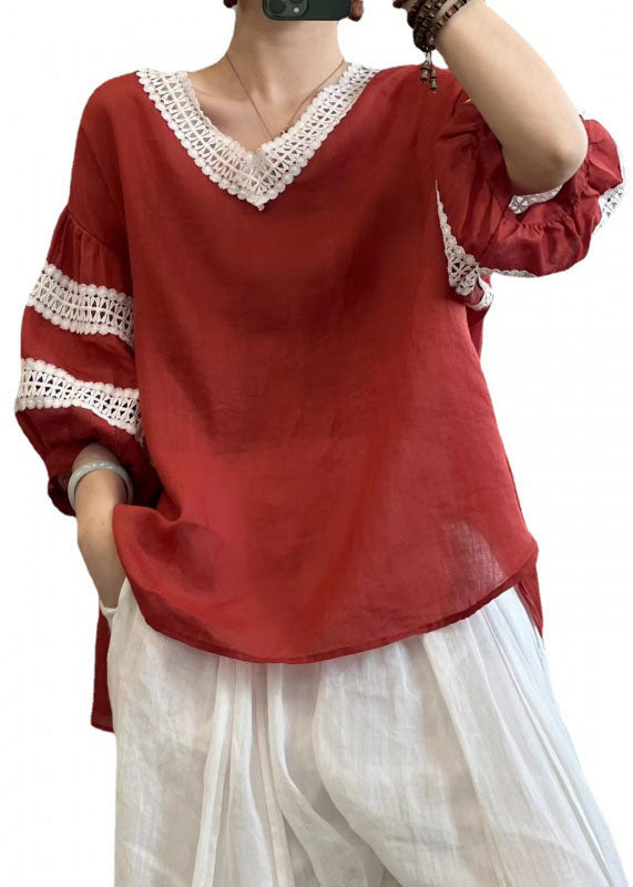 Rose V Neck Hollow Out Lace Patchwork Linen Tops Lantern Sleeve