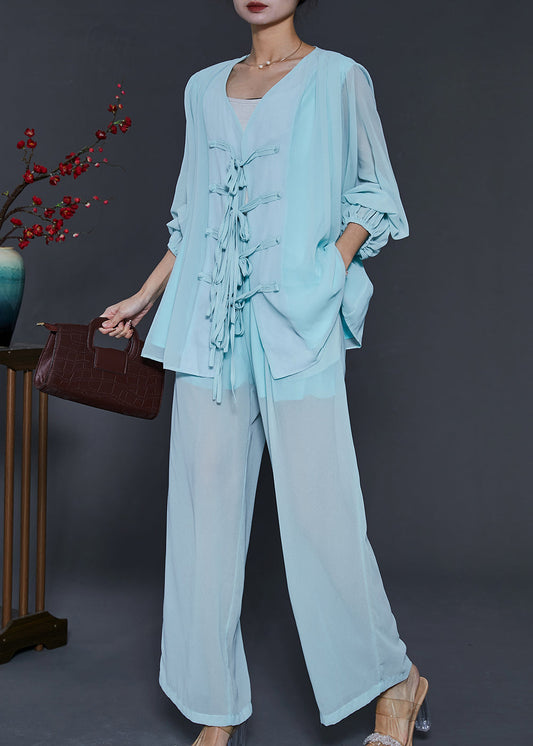 Sky Blue Chinese Button Chiffon Two Pieces Set Summer