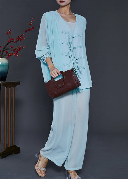 Sky Blue Chinese Button Chiffon Two Pieces Set Summer