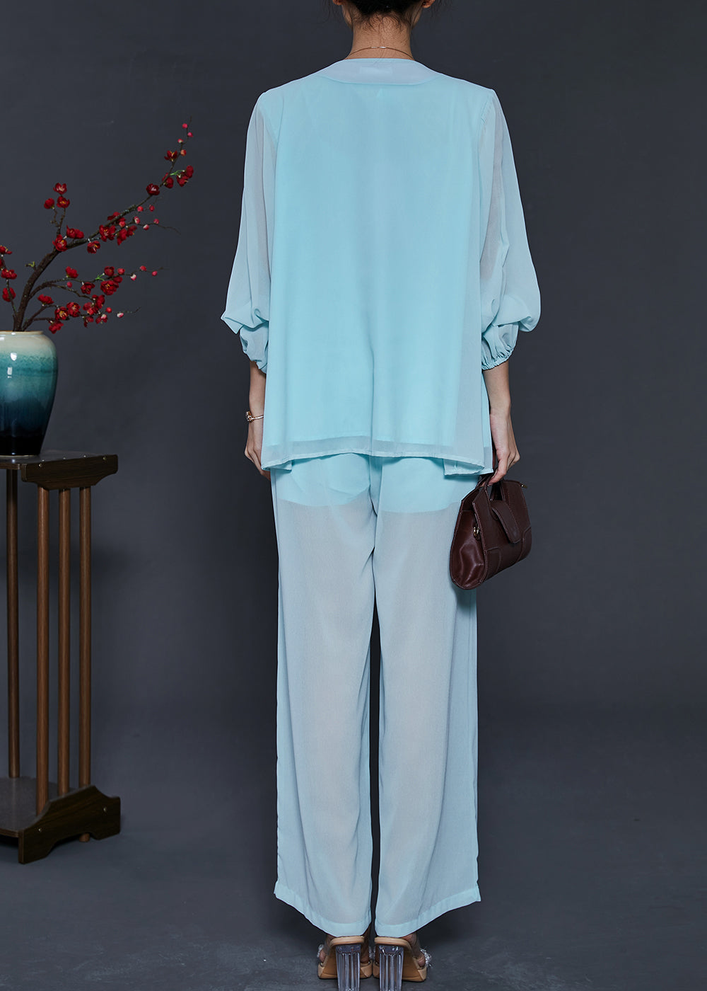 Sky Blue Chinese Button Chiffon Two Pieces Set Summer