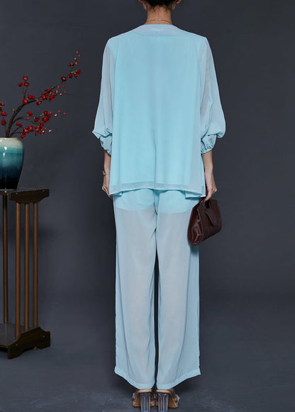 Sky Blue Chinese Button Chiffon Two Pieces Set Summer