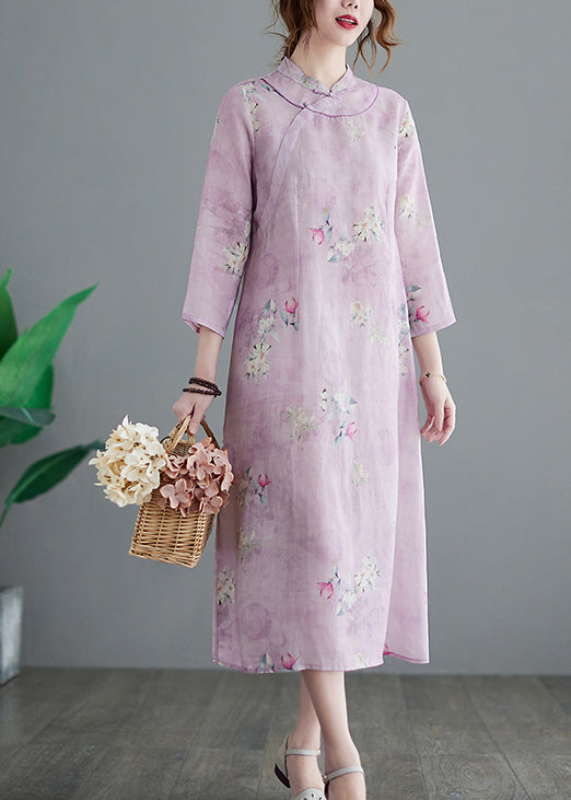 Stand Collar Button Print Linen Cheongsam Dress Three Quarter Sleeve