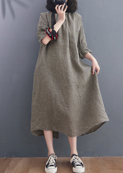 Stand Collar Large Plaid Linen Dress Petal Sleeve