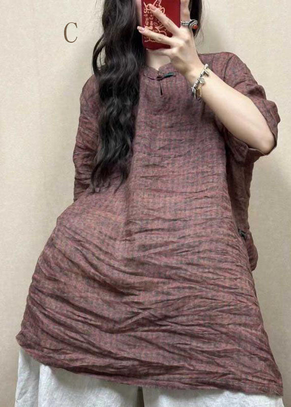 Stand Collar Oriental Button Cotton Mid Dress Summer