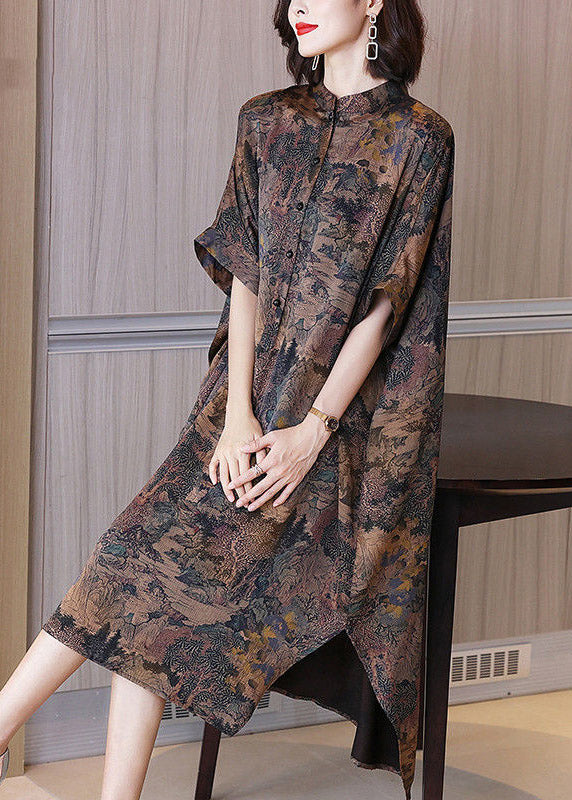 Stand Collar Print Button Side Open Low High Design Silk Maxi Dresses Half Sleeve