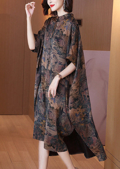 Stand Collar Print Button Side Open Low High Design Silk Maxi Dresses Half Sleeve