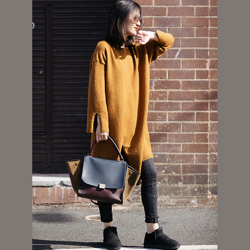 Sweater Weather Street Style O Neck Spring Yellow Ugly Knit Dress Side Open