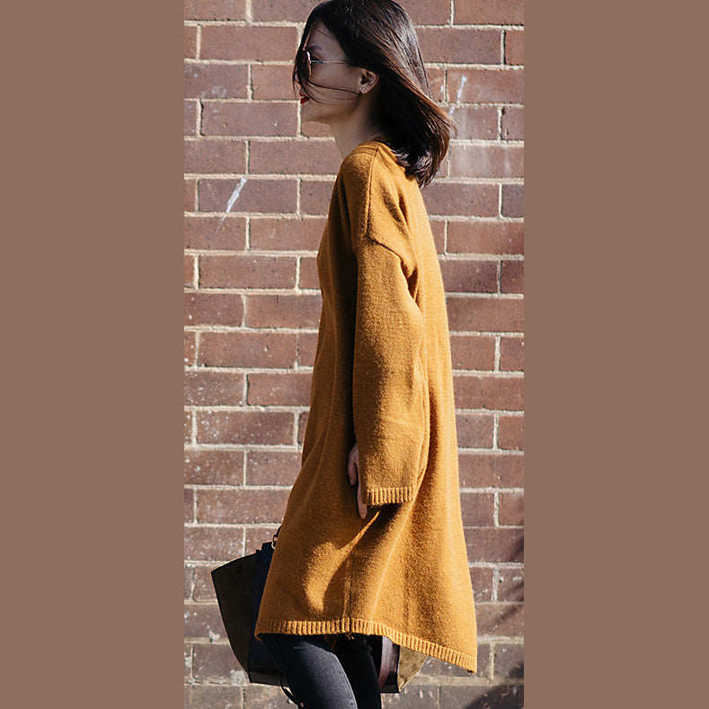Sweater Weather Street Style O Neck Spring Yellow Ugly Knit Dress Side Open