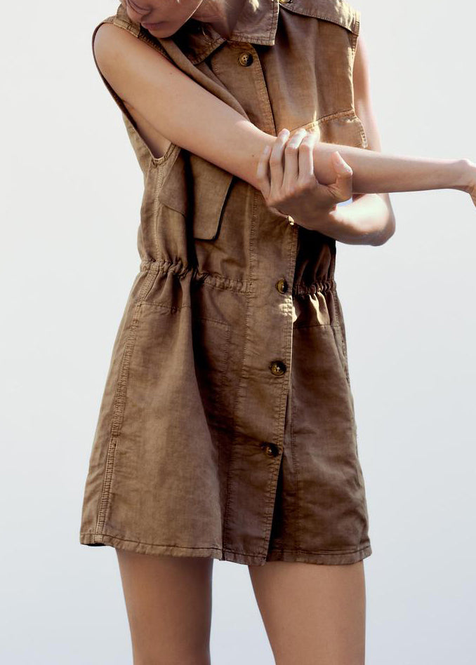 Tan Peter Pan Collar Button Cotton Mid Dress Sleeveless