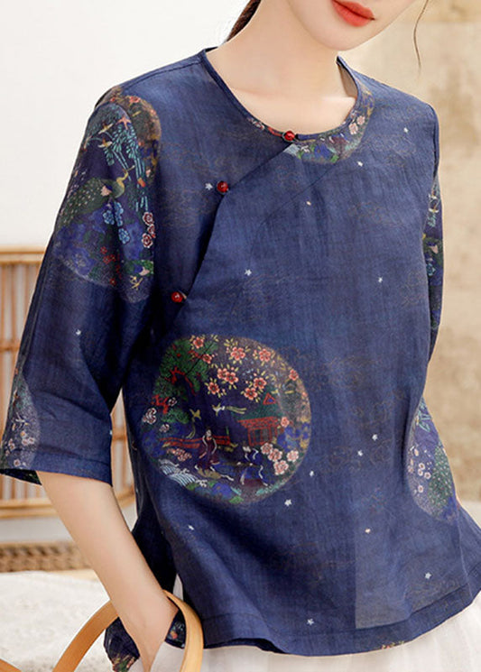 Tibetan Blue Button O-neck Print Linen Shirt Tops Half Sleeve