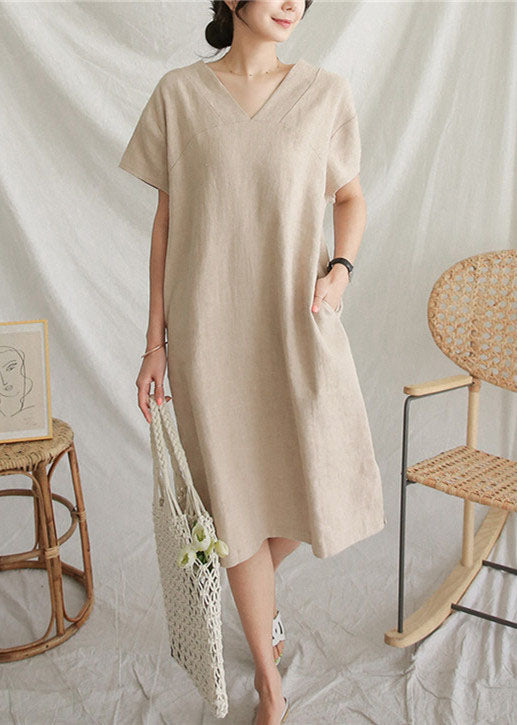 V Neck Patchwork Side Open Linen Mid Dresses Summer