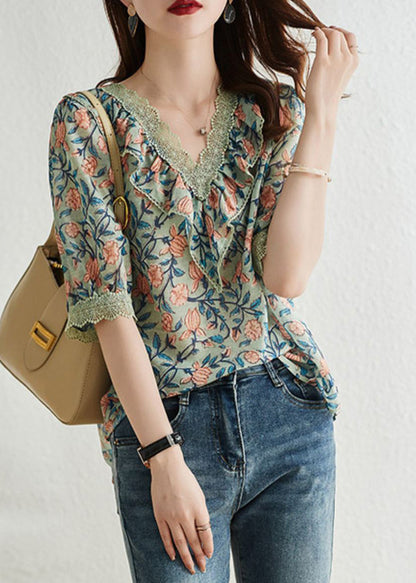 V Neck Print Chiffon Tops Short Sleeve