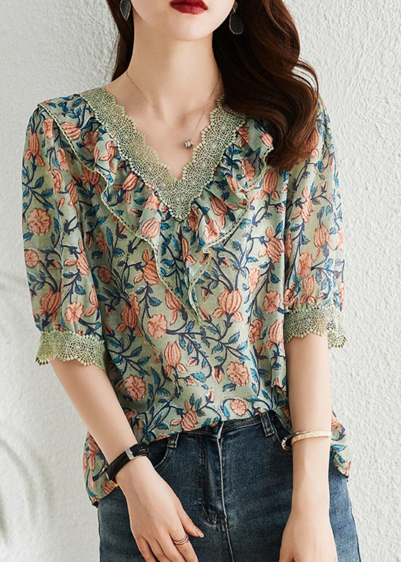 V Neck Print Chiffon Tops Short Sleeve