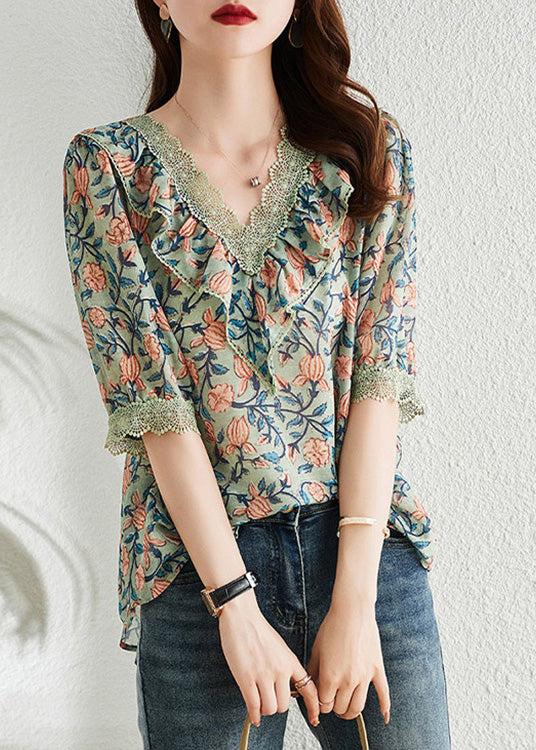 V Neck Print Chiffon Tops Short Sleeve