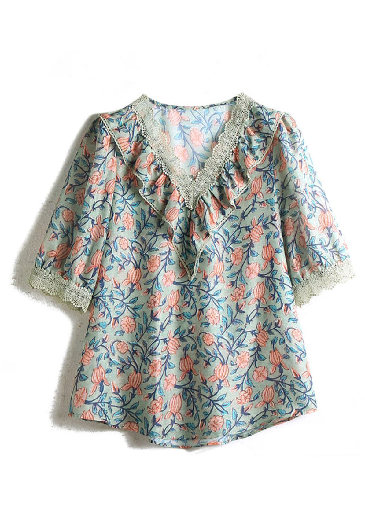 V Neck Print Chiffon Tops Short Sleeve