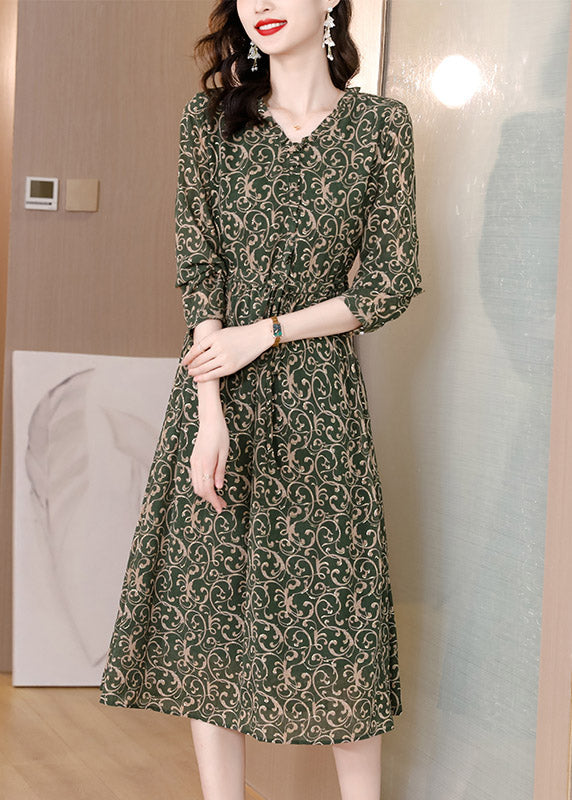 V Neck Print Drawstring Tie Waist Chiffon Maxi Dress Long Sleeve