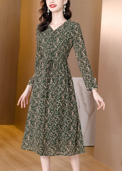 V Neck Print Drawstring Tie Waist Chiffon Maxi Dress Long Sleeve