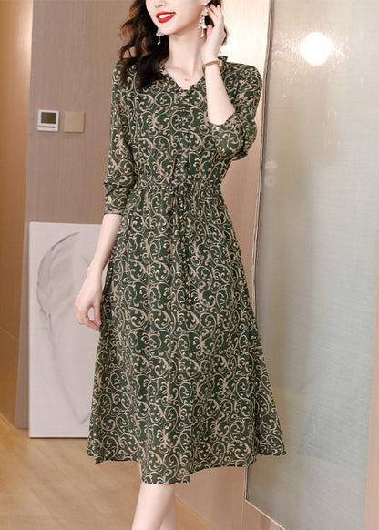 V Neck Print Drawstring Tie Waist Chiffon Maxi Dress Long Sleeve