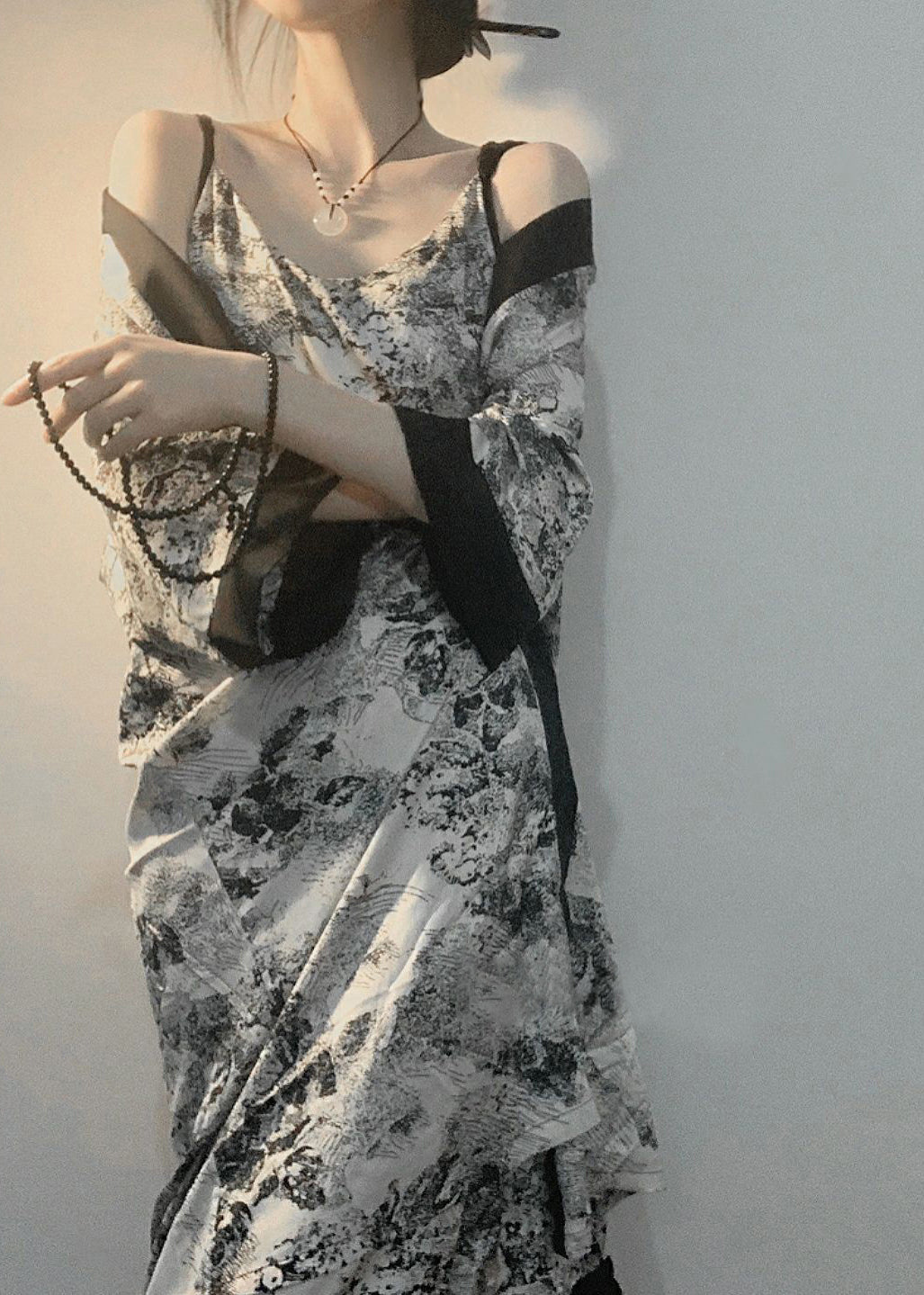 V Neck Print Ice Silk Pajamas Robe and Slip Dress Two Piece Set Summer