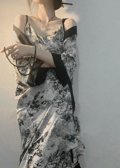 V Neck Print Ice Silk Pajamas Robe and Slip Dress Two Piece Set Summer