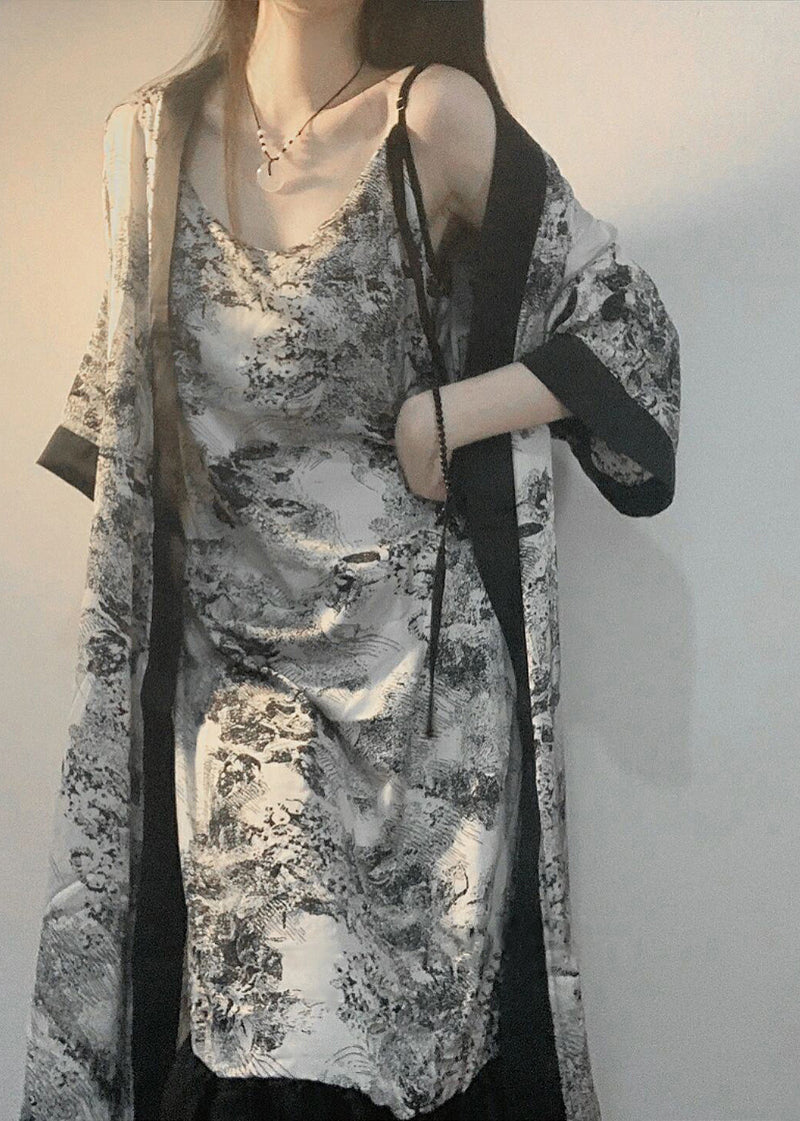 V Neck Print Ice Silk Pajamas Robe and Slip Dress Two Piece Set Summer