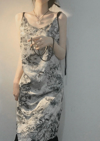 V Neck Print Ice Silk Pajamas Robe and Slip Dress Two Piece Set Summer
