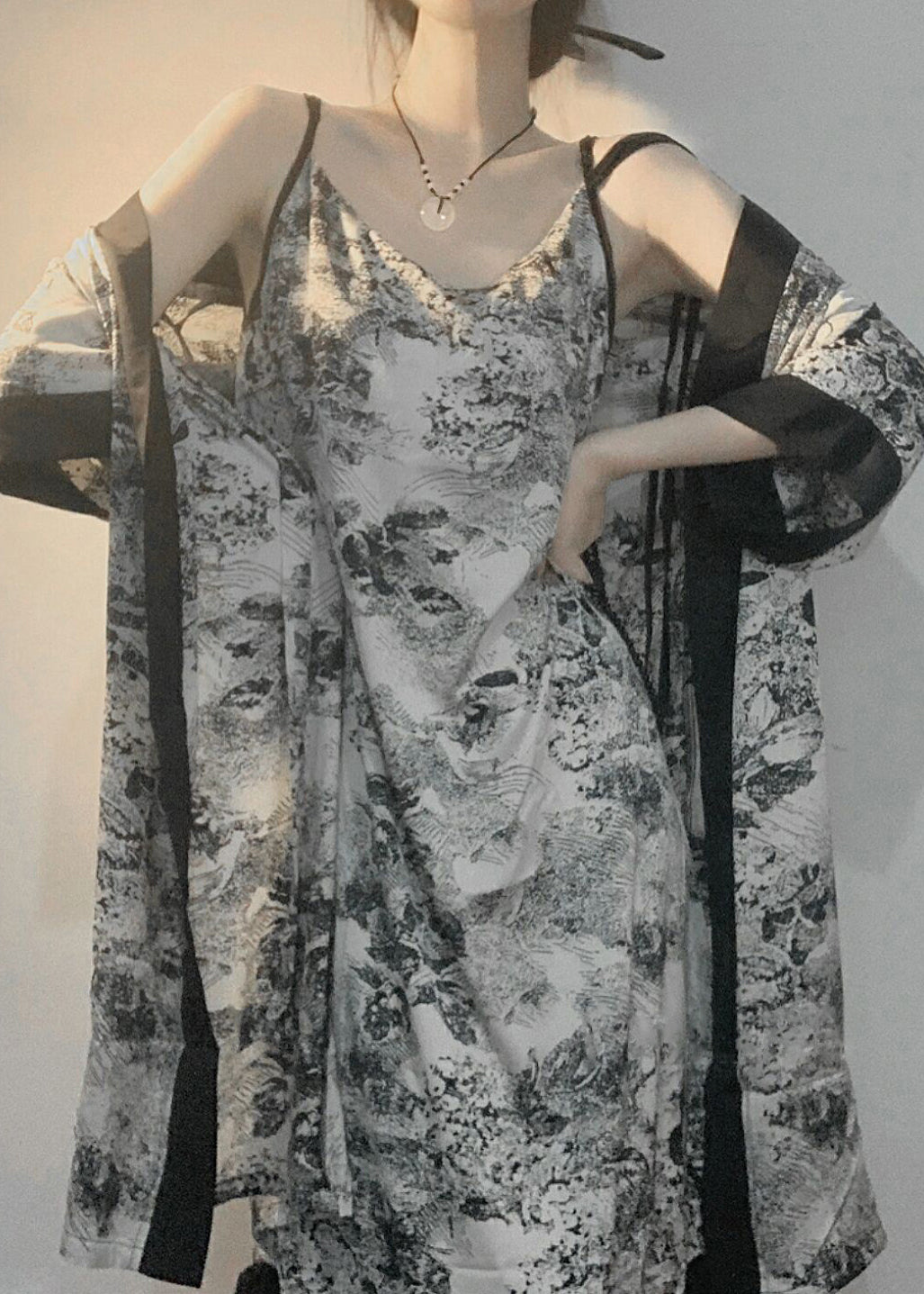 V Neck Print Ice Silk Pajamas Robe and Slip Dress Two Piece Set Summer