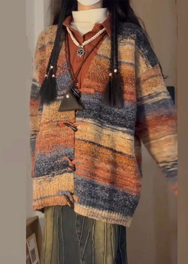 V Neck Print Knitted Cotton Thread Cardigans Long Sleeve