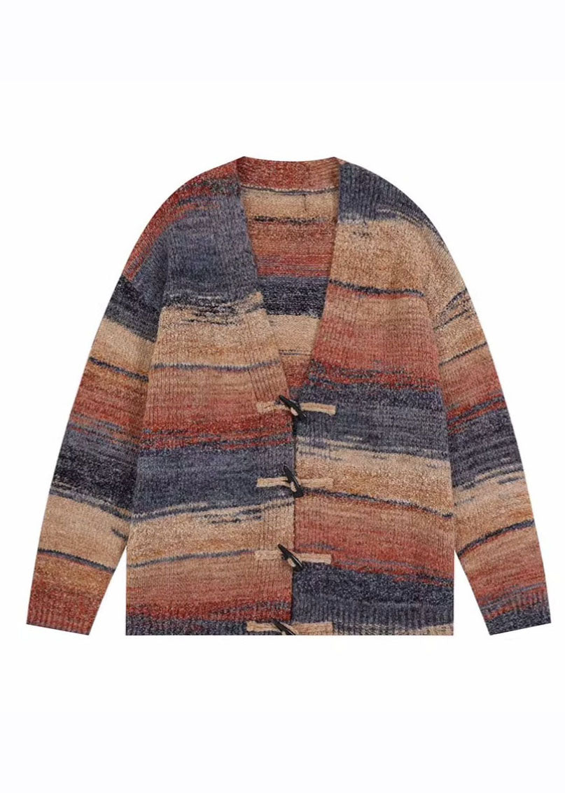 V Neck Print Knitted Cotton Thread Cardigans Long Sleeve