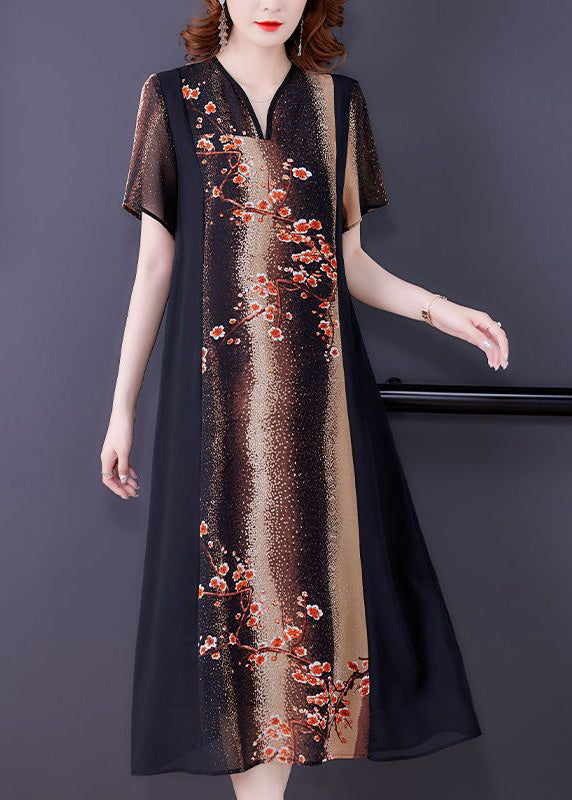 V Neck Print Patchwork Silk Maxi Dress Short Sleeve
