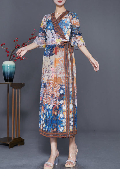 V Neck Print Tie Waist Chiffon Dress Summer
